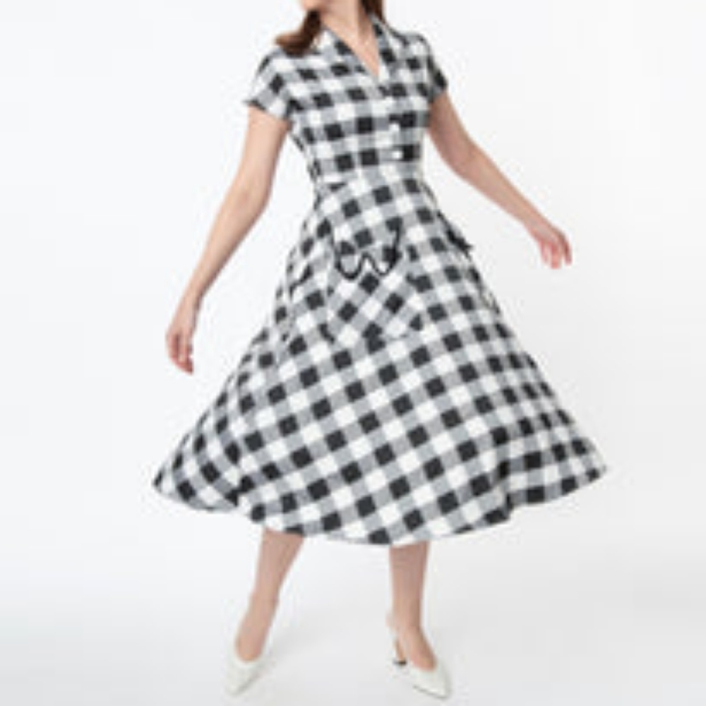 Magnolia Place Style Black & White Gingham Swing Dress - Large